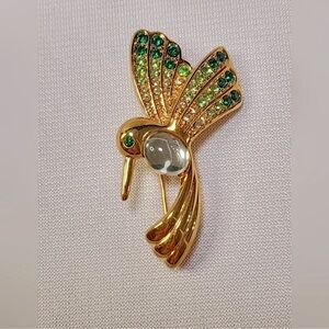 Monet Gold and Crystal Hummingbird Signed Brooch